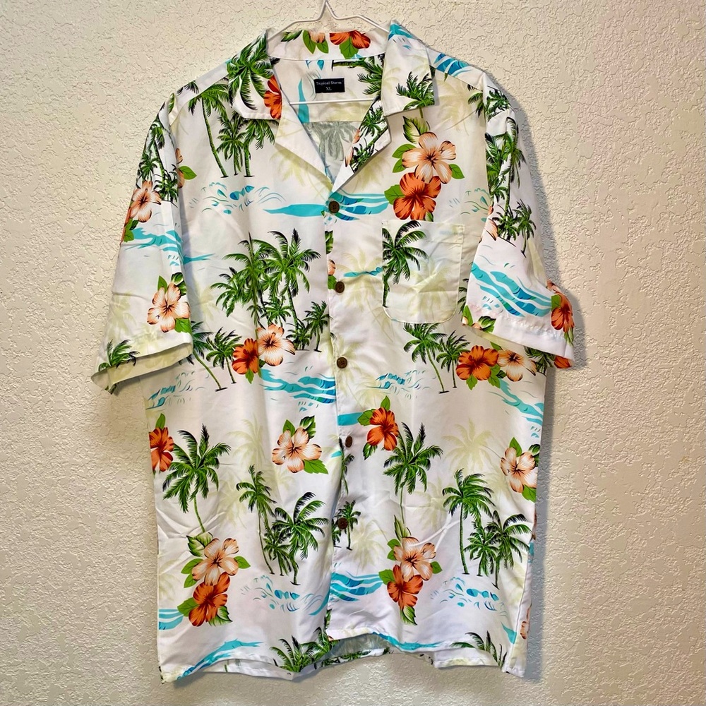 Tropical Storm Hawaiian Shirt Men’s XL White Floral Palm Trees SS Button Down